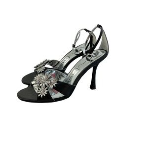Nina Dawn Black Satin Ankle Strap Sandal w/ Floral Crystal Accents Size 9.5 BNIB
